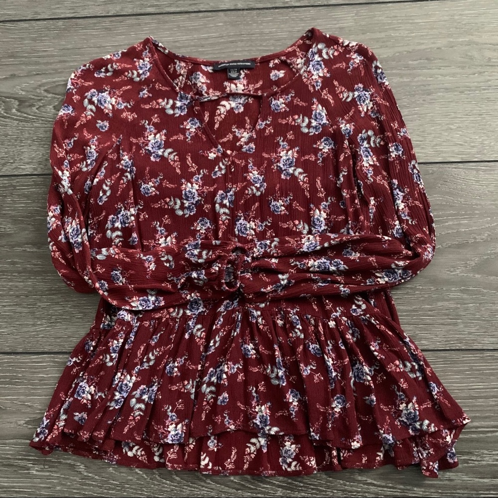 Floral flowy long sleeve shirt Burgundy and Blue
